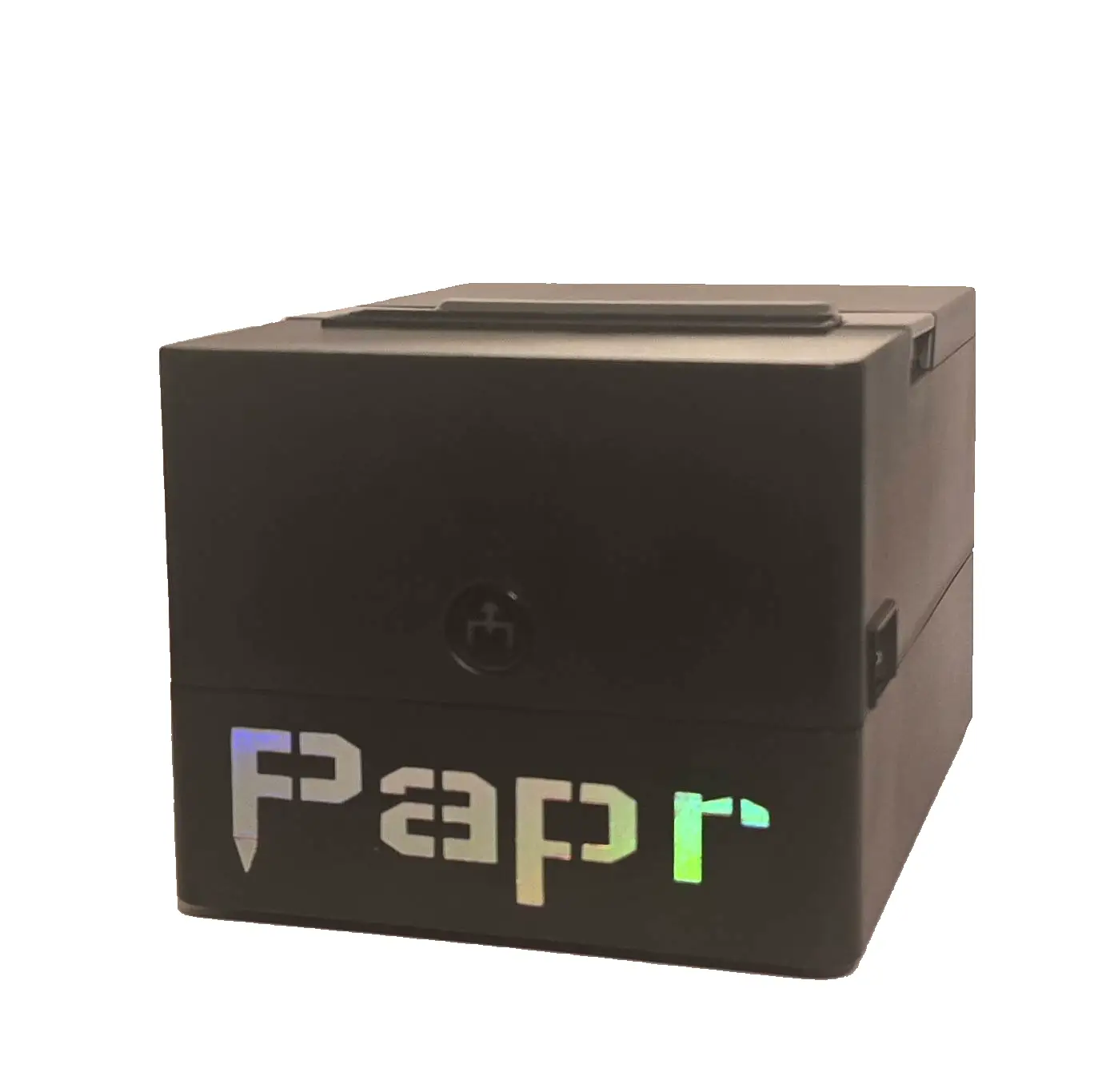 Temporary Paprbot product photo - dark box printer with broad top slot and Papr decal